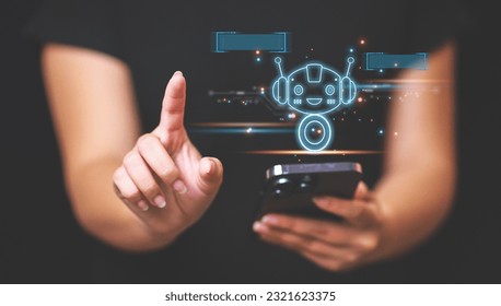 Chatbot are assistant conversation for provide access to data growth of business in online network, Robot application and global connection, AI, Artificial intelligence.