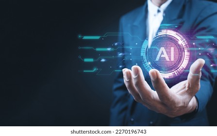 Chatbot Chat with AI, Artificial Intelligence. man using technology smart robot AI, artificial intelligence by enter command prompt for generates something, Futuristic technology transformation.