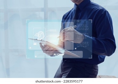 Chatbot Chat with AI, Artificial Intelligence. Businessman using technology smart robot AI. Futuristic technology transformation