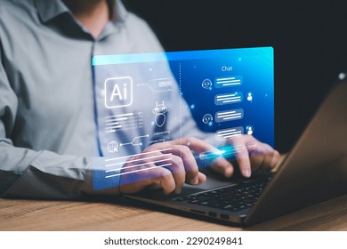Chatbot Chat with AI Artificial Intelligence and technology concept, Businessman use laptop chatting with Ai,Technology created in the future world and popular rating communication around the world - Shutterstock ID 2290249841