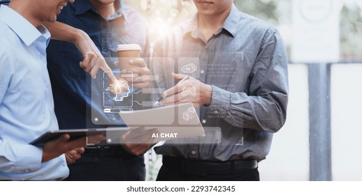 Chatbot Chat with AI, Artificial Intelligence. Business people using technology smart robot AI. Futuristic technology transformation, finance, teamwork, Big data Graphs Charts concept