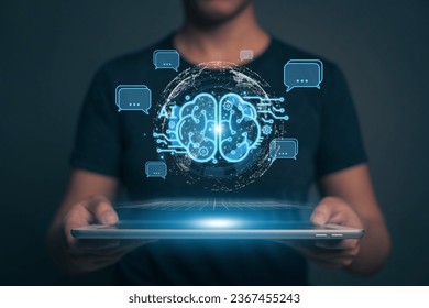 Chatbot chat with AI. Artificial intelligence. The concept of accessing imagination by feeding commands to Ai to create what is in our mind with futuristic technology through the Internet.	
