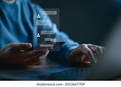 Chatbot Chat with AI, Artificial Intelligence. Man using technology smart robot AI, artificial intelligence by enter command prompt for generates something, Futuristic technology transformation.