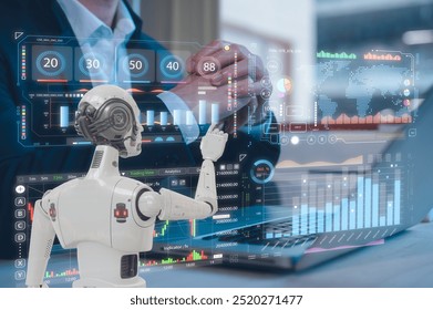 Chatbot Chat with AI, Artificial Intelligence. businessman using technology smart robot AI, artificial intelligence trading investment with ai robot, digital transformation technology