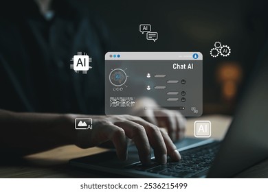 Chatbot Chat with AI, Artificial Intelligence. man using technology smart robot AI, artificial intelligence by enter command prompt for generates something, Futuristic technology transformation.