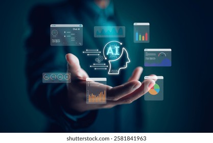 Chatbot Chat with AI, Artificial Intelligence. man using technology smart robot AI, artificial intelligence by enter command prompt for generates something, Futuristic technology transformation.