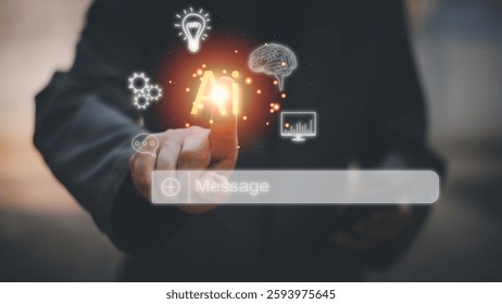 Chatbot Chat with AI, Artificial Intelligence. man using technology smart robot AI, artificial intelligence by enter command prompt for generates something, Futuristic technology transformation.