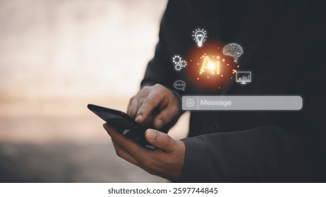 Chatbot Chat with AI, Artificial Intelligence. man using technology smart robot AI, artificial intelligence by enter command prompt for generates something, Futuristic technology transformation.