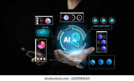 Chatbot Chat with AI, Artificial Intelligence. man using technology smart robot AI. Futuristic technology transformation.