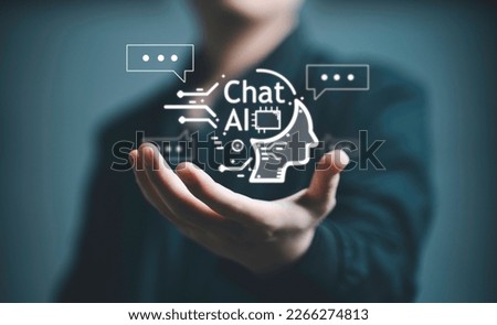 ChatBot Chat with AI, Artificial Intelligence. man chatting with a smart AI robot, artificial intelligence by enter command prompt for generates something, Futuristic technology transformation.