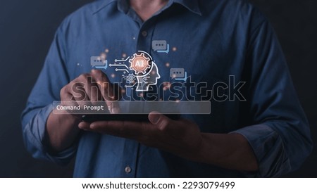 Chatbot Chat with AI, Artificial Intelligence with man using technology smart robot AI, artificial intelligence by enter command prompt for generates something, Futuristic technology transformation.