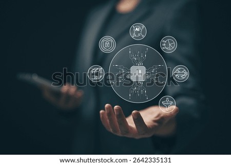 Chatbot chat with AI artificial intelligence. Concept of using AI technology to help work in order to work easier and faster. Future technology development business.	