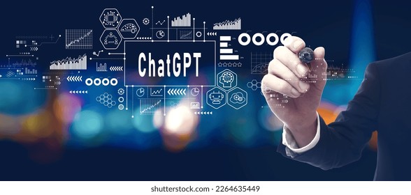 Chatbot ChatGPT - Aartificial Iintelligence theme with businessman in a city at night - Shutterstock ID 2264635449