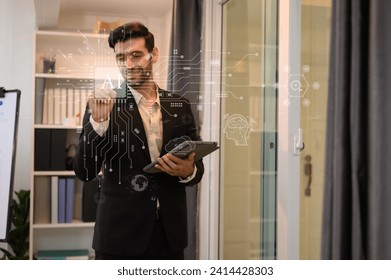 Chatbot concept. AI, Artificial Intelligence. businessman using technology smart robot chat AI, enter command prompt, Questions and Answers, Futuristic technology transformation.