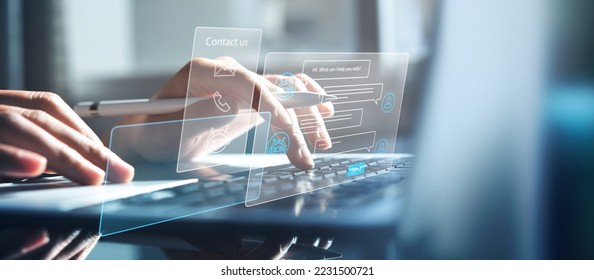 Chatbot conversation assistant. Person using online customer service with chat bot to get support. Artificial intelligence and CRM software technology, customer support center, CONTACT US - Shutterstock ID 2231500721