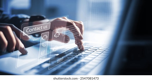 Chatbot conversation assistant. Person using online customer service with chat bot to get support. Artificial intelligence and CRM software technology, customer support center, CONTACT US