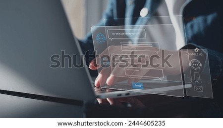Chatbot conversation assistant. Person using online customer service with chat bot to get support. Artificial intelligence and CRM software technology, customer support center, CONTACT US