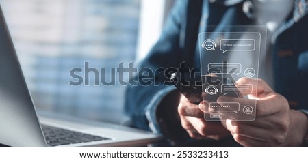 Chatbot conversation assistant. Person using online customer service with chatbot to get support. AI automatic answering machine. Artificial intelligence, customer support center, CONTACT US