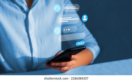 Chatbot conversation concept. Customer using online service with chat bot to get support. Virtual assistant and CRM  software automation technology.