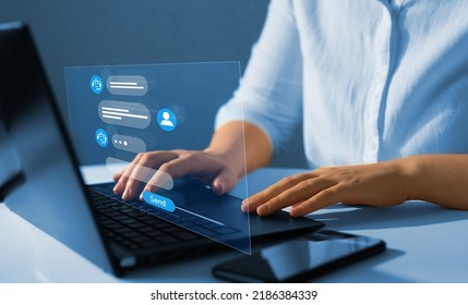 Chatbot Conversation Concept. Customer Using Online Service With Chat Bot To Get Support. Virtual Assistant And CRM  Software Automation Technology.