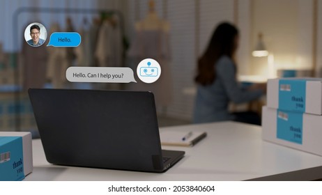 Chatbot Conversation On Laptop Screen App Interface With Artificial Intelligence Technology Providing Virtual Robotic Assistant Customer Support And Information For Small Business SME B2C Concept.