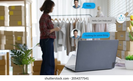 Chatbot Conversation On Laptop Screen App Interface With Artificial Intelligence Technology Providing Virtual Robotic Assistant Customer Support And Information For Small Business SME B2C Concept.