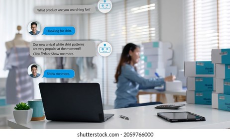 Chatbot Conversation On Laptop Screen App Interface With Artificial Intelligence Technology Providing Virtual Robotic Assistant Customer Support And Information For Small Business SME B2C Concept.