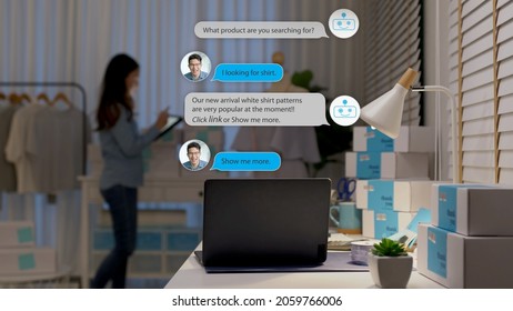 Chatbot Conversation On Laptop Screen App Interface With Artificial Intelligence Technology Providing Virtual Robotic Assistant Customer Support And Information For Small Business SME B2C Concept.