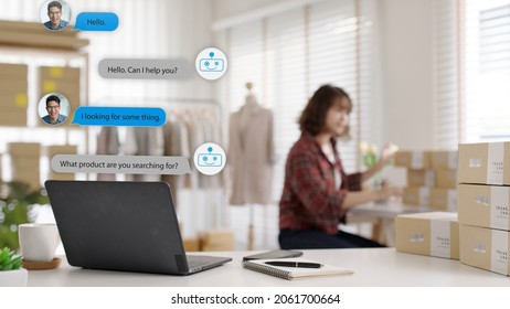 Chatbot Conversation On Laptop Screen App Interface With Artificial Intelligence Technology Providing Virtual Robotic Assistant Customer Support And Information For Small Business SME B2C Concept.