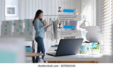 Chatbot Conversation On Laptop Screen App Interface With Artificial Intelligence Technology Providing Virtual Robotic Assistant Customer Support And Information For Small Business SME B2C Concept.