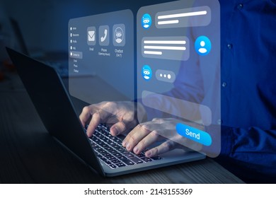 Chatbot conversation. Person using online customer service with chat bot to get support. Artificial intelligence and CRM software automation technology. Virtual assistant on internet. - Shutterstock ID 2143155369
