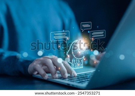 chatbot digital technology, which is smart robot conversation. concept of development of AI generates bot artificial intelligence, communication is open for chat customers. command prompt information