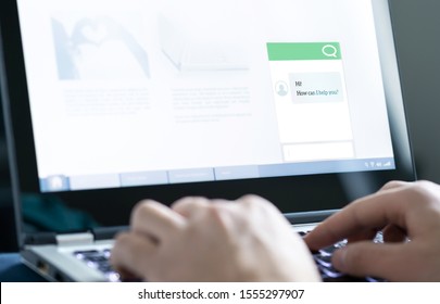 Chatbot or live chat with customer help assistant on business website. AI technology and conversation with automated messages. Client care and service. Online support and helpdesk on laptop screen.