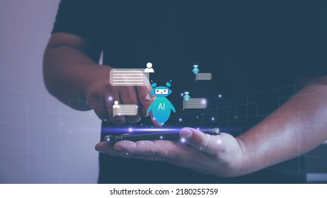 Chatbot technology, conversation assistant. Artificial intelligence technology concept. Ai business people are chatting and interacting with chatbots via mobile smartphone application.