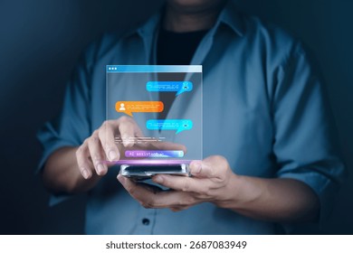 chatbot with virtual chat interface on smartphone, representing intelligent assistant, customer service automation, and digital communication technology for modern business and innovation.