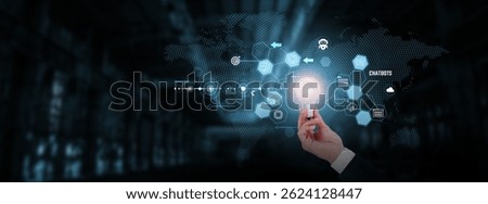 Chatbots: Artificial intelligence, automation, natural language processing, customer interaction, efficiency, 24hrs  support. Businessman hand holding creative light bulb with innovative technology.