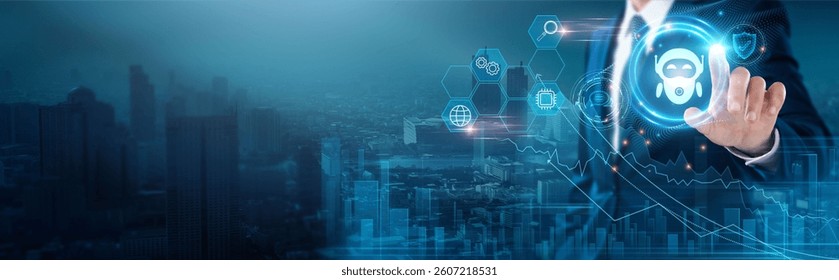 Chatbots: Artificial intelligence, customer support, automation, interaction, user experience, 24hrs availability, Businessman touch chatbot network, efficiency.