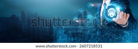 Chatbots: Artificial intelligence, customer support, automation, interaction, user experience, 24hrs availability, Businessman touch chatbot network, efficiency.
