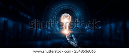 Chatbots: Automation, customer support, Hand of robotic holding Glowing chatbots in light bulb on big data processing, machine learning, innovation and technology.


