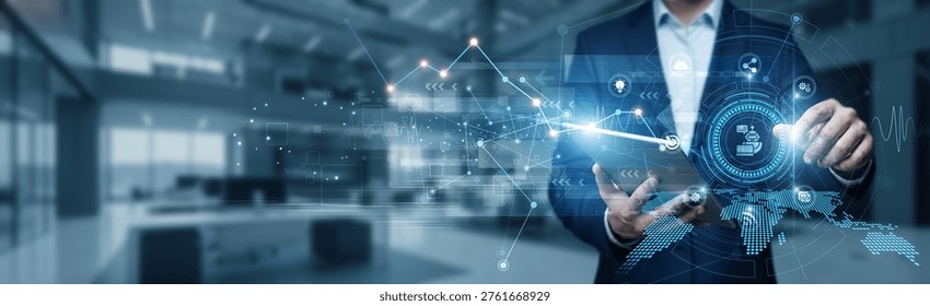 Chatbots concept. Businessman using tab analyzing growth graph data on AI communication, virtual assistant, automated messaging, and customer interaction.