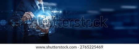 Chatbots, Customer service manager using digital tablet online connect Chatbots delivering automated responses, AI communication, global networking, user support and engagement.