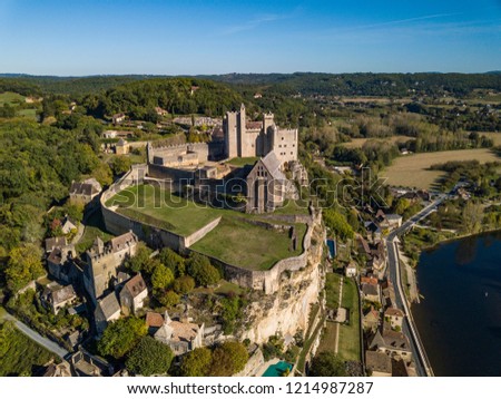 Chateau de Beynac, village of Beynac-et-Cazenac, aerial view from Dordogne River, Perigord, Dordogne, France