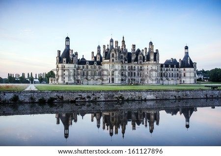 Chateau de Chambord, royal medieval french castle and reflection. Loire Valley, France, Europe. Unesco heritage site.