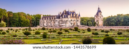 Chateau de Chenonceau, France. This country castle is landmark of France. Scenic panoramic view of French palace and beautiful garden, nice landscape in Loire Valley. Concept of travel in France.