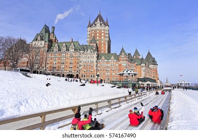 Chateau Frontenac, Quebec City in winter, traditional slide descent, Canada