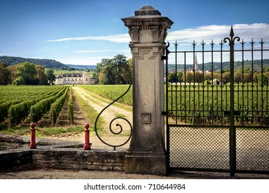 Chateau with vineyards, Burgundy, Montrachet.France AUGUST,4 2017. Today is one of the most beautiful in Burgundy. Château de Meursault owns 60 hectares of vineyards, all located on the Côte de Beaune