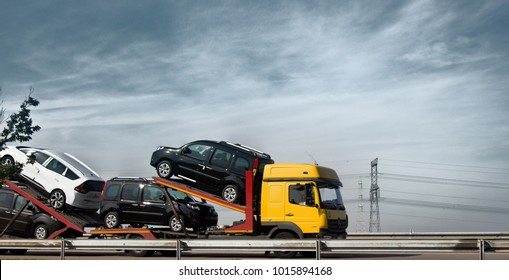 Chateau-Thierry, France - September 21, 2017: haulaway loaded passenger cars. This is called car transporter or car carrier