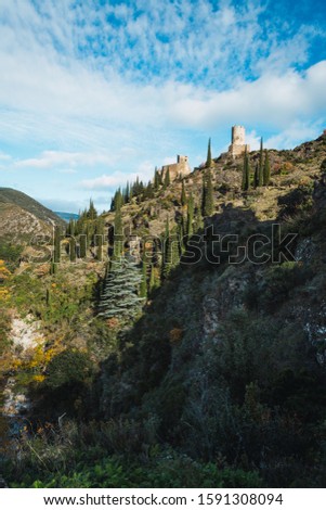The Chateaux de Lastours, in Occitan Lastors, four so-called Cathar castles on a rocky spur above the French village of Lastours