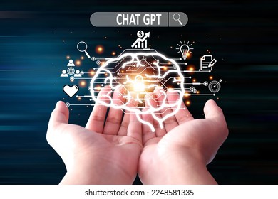 ChatGPT Chat with AI or Artificial Intelligence Both hands are going to support the head icon. Smart AI or Artificial Intelligence using Chatbot, Artificial Intelligence developed by Open AI.