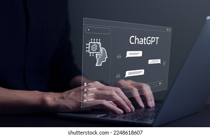 ChatGPT Chat with AI or Artificial Intelligence technology. Businessman using a laptop computer chatting with an intelligent artificial intelligence asks for the answers he wants. AI Prompt Generator, - Shutterstock ID 2248618607